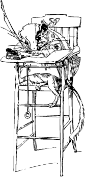 gerbil sitting on a chair with a quill and ink jar