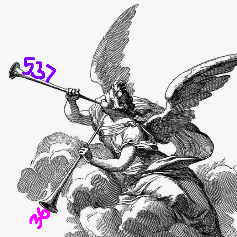 engraving an angel with 2 horns, blowing the numbers 537 and 36