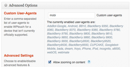 Screenshot of WPTouch advanced settings.