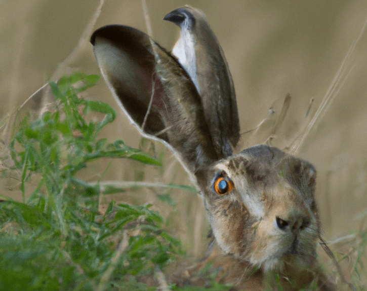 a photorealistic AI-generated image of a rabbit in a field. both of its ears appear to be on the same side of its head
