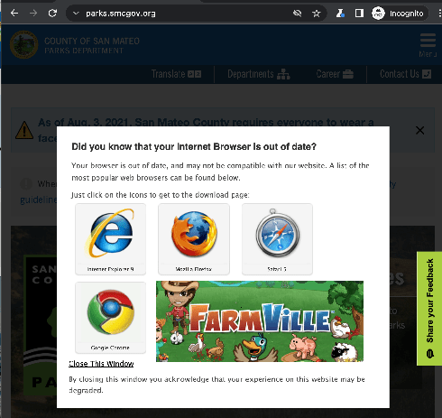 screenshot of a modal telling you to upgrade your browser, with a farmville image because that was popular in 2009?